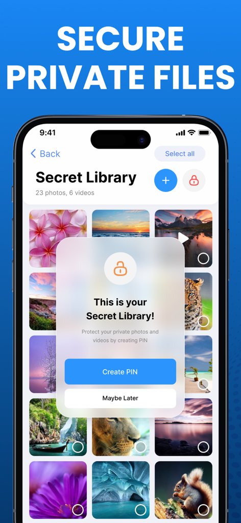 Cleanup Master Storage Cleaner - Pantalla de la aplicación Cleanup Master que muestra la función de Biblioteca Secreta para proteger fotos y vídeos privados con un PIN