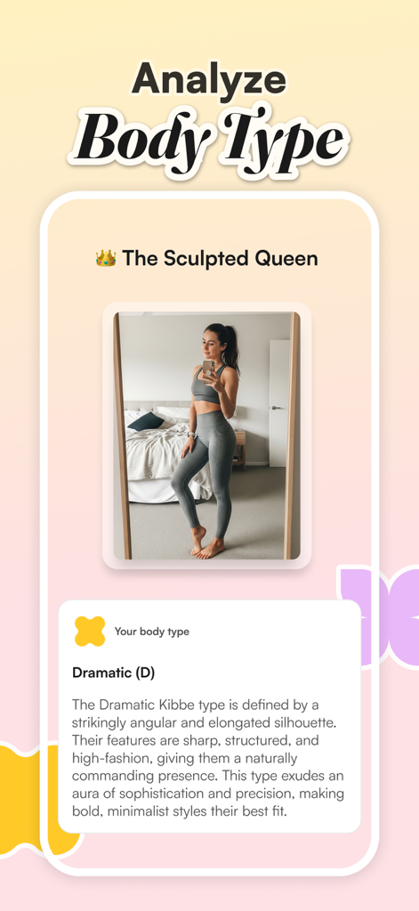 Color Analysis: WhatColors - A mobile app screen showing an AI body type analysis identifying a user as the Dramatic Kibbe type with a descriptive style guide