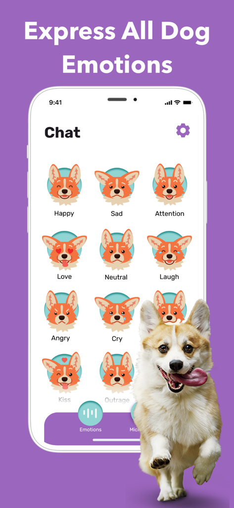 Dog Play & Whistle Games - Dog Play and Whistle Games app screen showing various dog emotion icons and a happy Corgi
