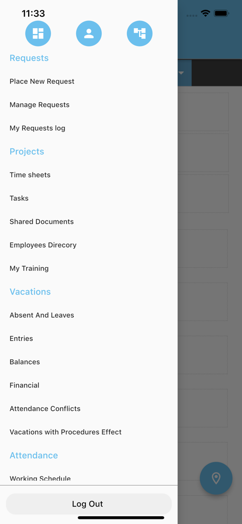 LenvoHR - Side navigation menu of the LenvoHR app showing HR self-service options like requests and vacations.