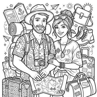 Embark on a colorful adventure with our "Married Couples on Vacation" coloring page, celebrating enduring love and exciting journeys. This delightful design is perfect for anyone looking to unwind and add vibrant hues to a heartwarming travel scene.
