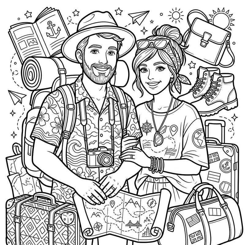 Embark on a colorful adventure with our "Married Couples on Vacation" coloring page, celebrating enduring love and exciting journeys. This delightful design is perfect for anyone looking to unwind and add vibrant hues to a heartwarming travel scene.