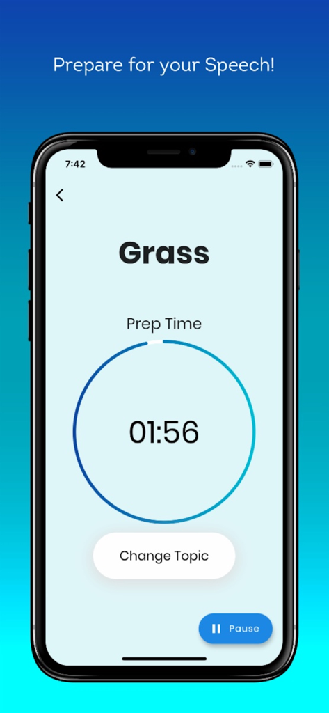Mobile app interface showing a countdown timer for speech preparation and a random topic prompt