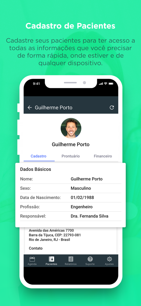 Doutore - Prontuário e Agenda - Doutore app patient profile screen showing basic information and medical record tabs