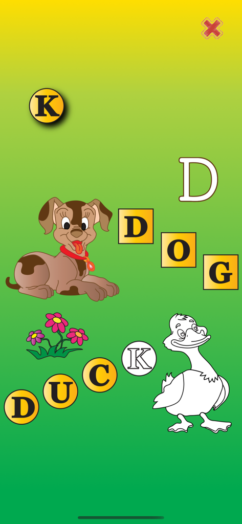 Gofun - Interfaz de juego de ortografía para niños pequeños con figuras de perros y patos caricaturescos
