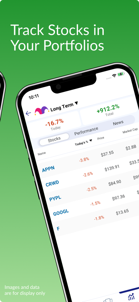The Motley Fool - The Motley Fool app interface showing a long term stock portfolio with various stock listings and performance metrics