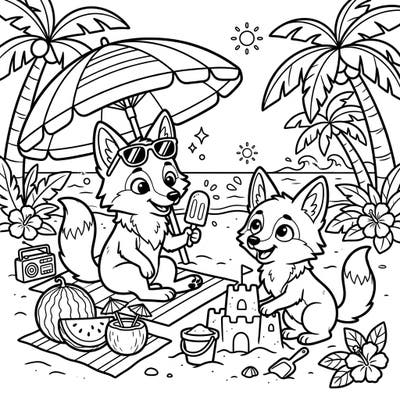 Bring the joy of a summer beach day to life with this delightful coloring page featuring two charming coyotes. Designed especially for toddlers, its thick lines and simple shapes make it perfect for little artists to explore their creativity.