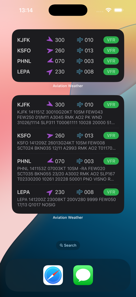 Aviation weather widgets on an iPhone home screen displaying METAR data and flight categories for multiple airports
