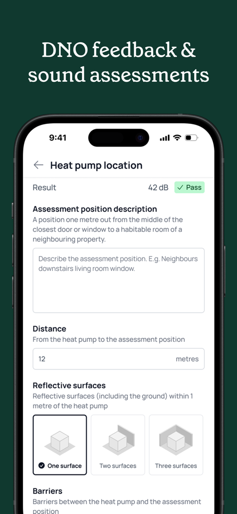 Spruce Energy app interface showing a heat pump sound assessment survey with decibel results and site location details