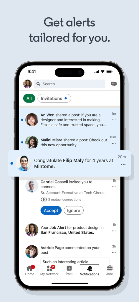 LinkedIn mobile app notifications screen showing job alerts and professional network updates