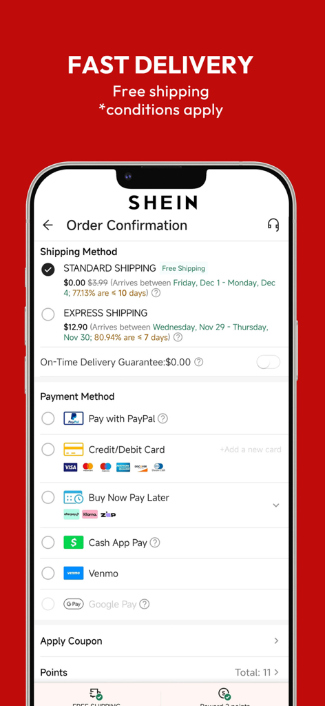 SHEIN mobile app order confirmation screen showing shipping options and various payment methods like PayPal and Buy Now Pay Later.