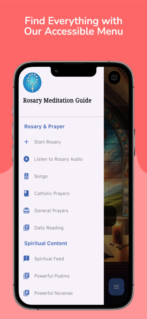 Side menu of the Rosary Meditation Guide app showing various prayer and meditation features on a smartphone screen.