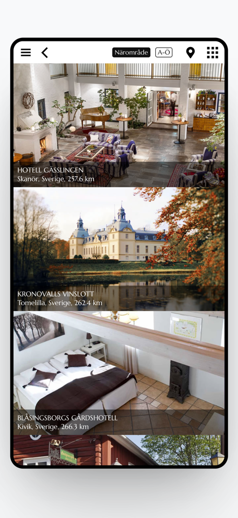 RestaurangGuiden's Gift Card - RestaurangGuiden app interface showing a curated list of luxury hotels and castles in Sweden