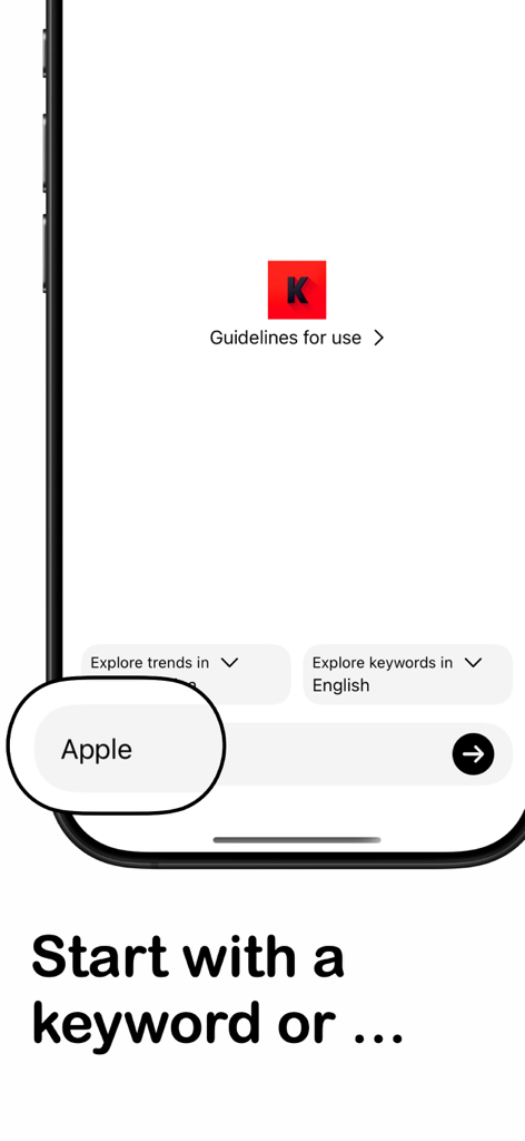 Mobile interface of the KAI SEO Keyword Trend Tool showing a search bar with the keyword Apple and regional filters.