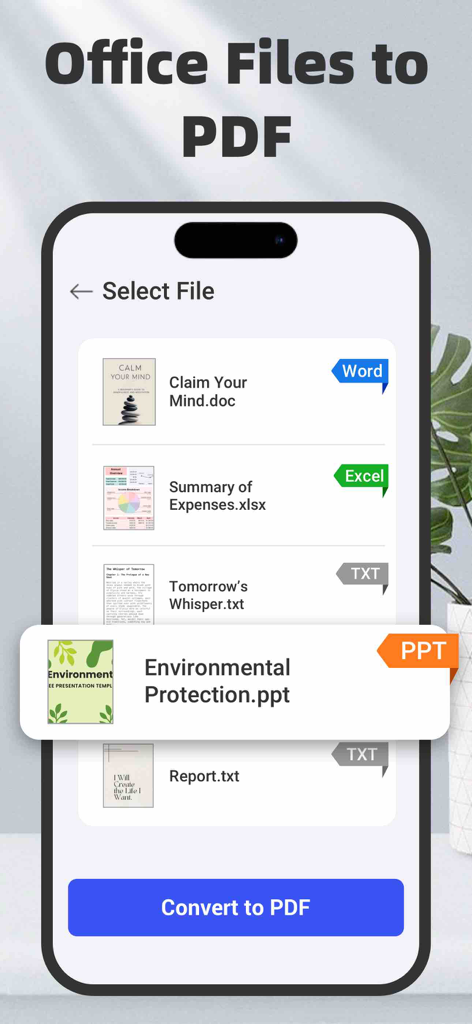 AI PDF Converter: Files to PDF - Oberfläche der KI-PDF-Konverter-App, die die Auswahl von Word-, Excel- und PowerPoint-Dateien für die PDF-Konvertierung zeigt.