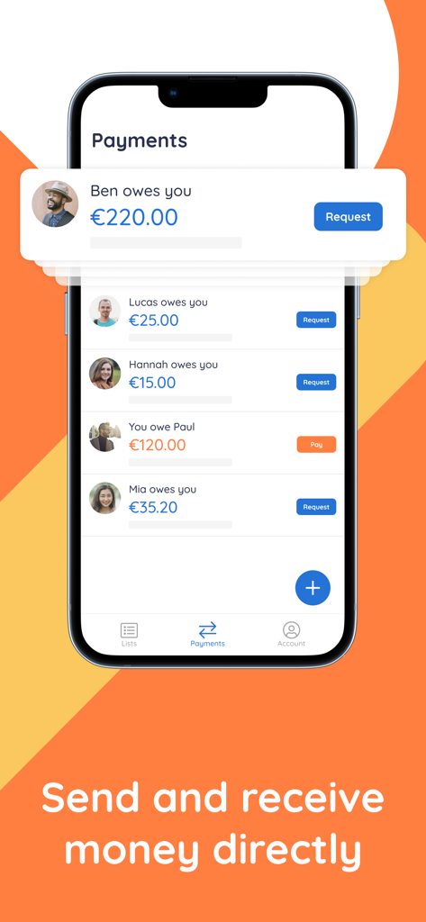 Splitser app screen showing direct money transfers and payment requests between group members