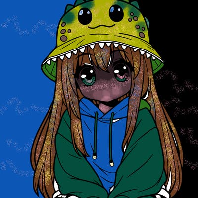 girl with anime shaped eyes with a dinosaur bucket hat oversized sweatshirt long straight hair