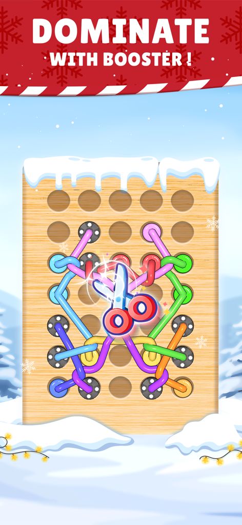 Icono del potenciador de tijeras en un nivel temático de invierno de Woody Untangle Rope 3D Puzzle