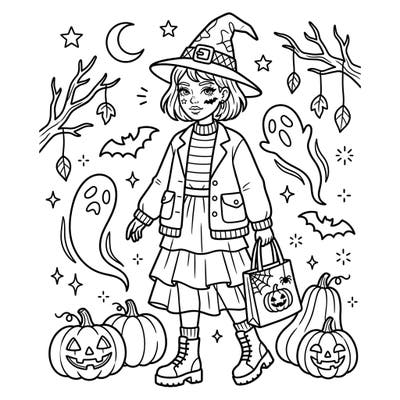Dive into a bewitching world of style and spooky fun with this unique Halloween coloring page for kids. Featuring a trendy witch and classic Halloween elements, it's perfect for little artists to express their creativity.