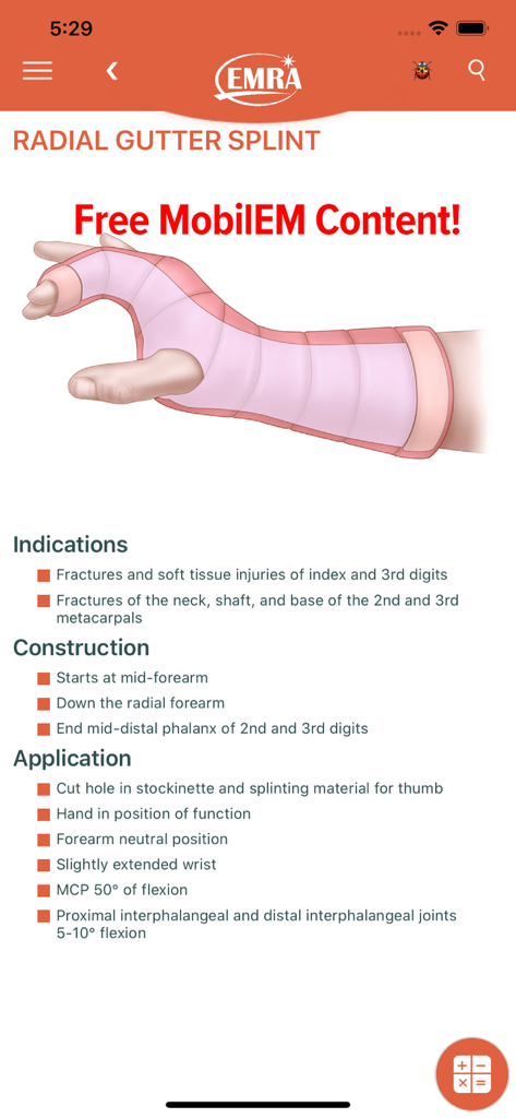 MobilEM - Radial gutter splint application guide in the MobilEM app