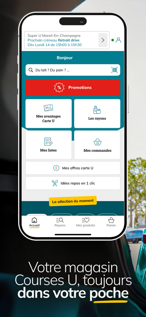 Courses U : Magasin en ligne - Home screen of the Courses U mobile app showing online grocery shopping features including promotions loyalty card management and product categories