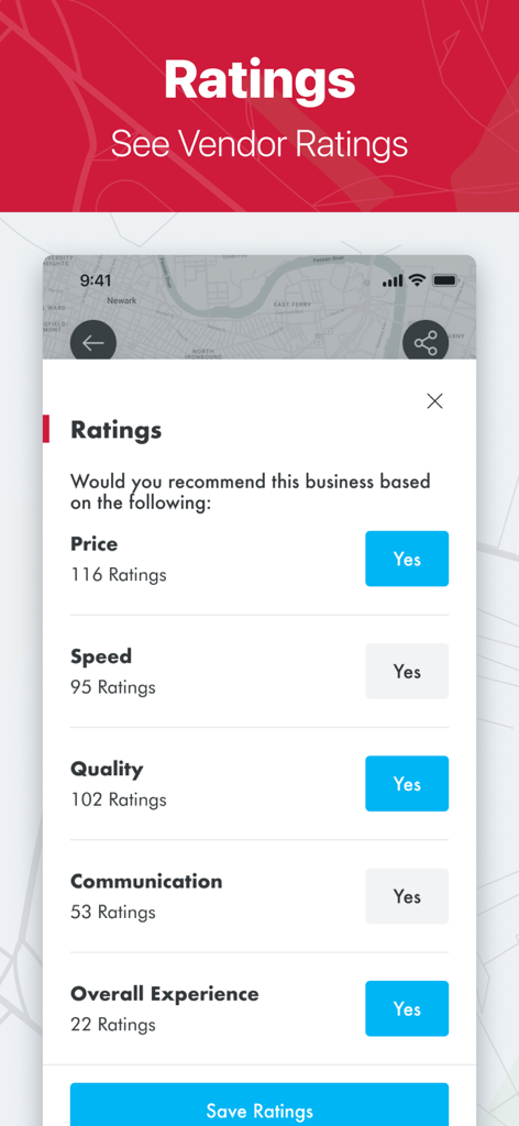 Find Truck Service® | Trucker - Find Truck Service app screen showing vendor ratings for price speed quality and communication