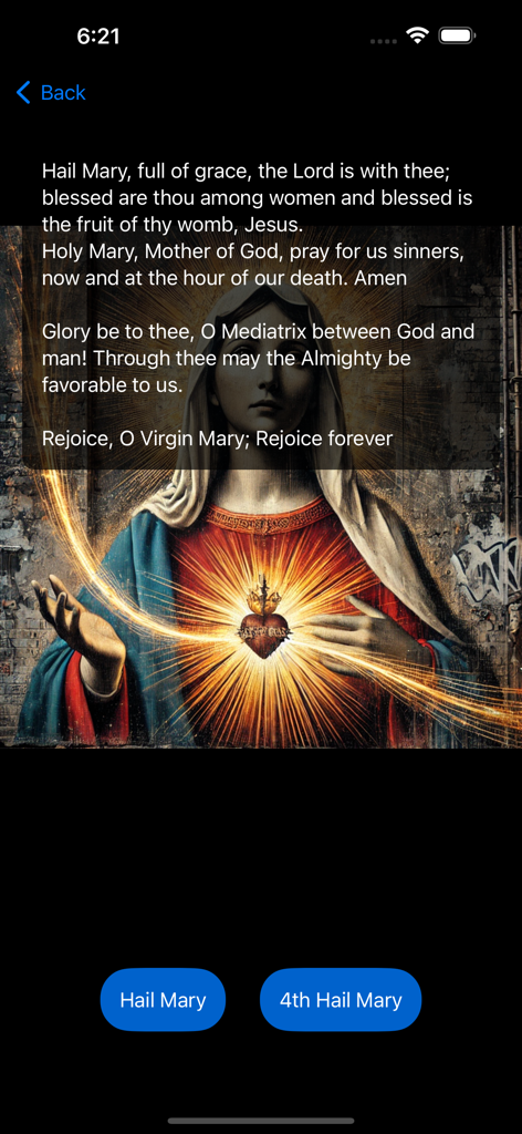 Little Crown of Mary - The Little Crown of Mary app displaying a Hail Mary prayer screen with sacred heart imagery of the Virgin Mary.