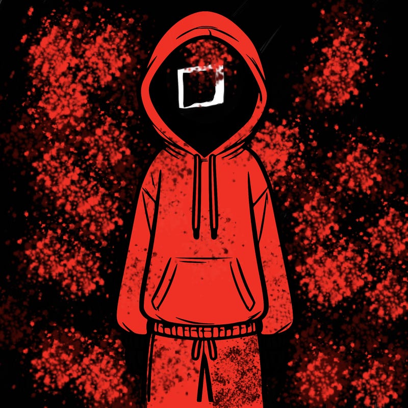 faceless girl in a tracksuit with a hood on and no hair