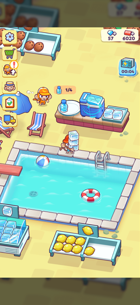 Um personagem de macaco carregando cubos de gelo perto de uma piscina e barracas de frutas.