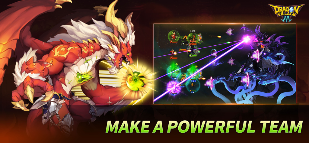 Capture d'écran de jeu de Dragon Village M présentant un dragon rouge et une bataille d'équipe contre un boss avec le texte Créez une équipe puissante