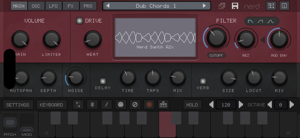 NERD Synth A2x app interface showing virtual analogue synthesizer controls and a digital keyboard