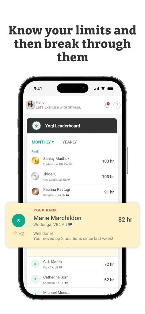 Classement des yogis de l'application Shvasa montrant les classements des étudiants et les heures de pratique.