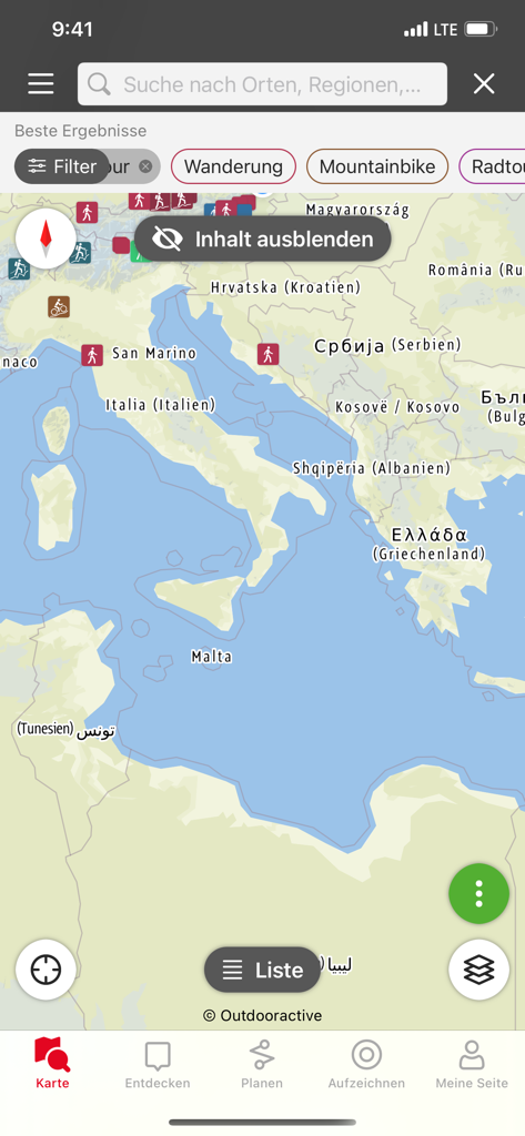 Naturfreunde Tourenportal app screen showing a map of the Mediterranean region with outdoor activity filters