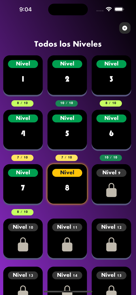 Juego Bíblico Yahweh - Pantalla de seleccion de todos los niveles del Juego Biblico Yahweh mostrando niveles desbloqueados y bloqueados