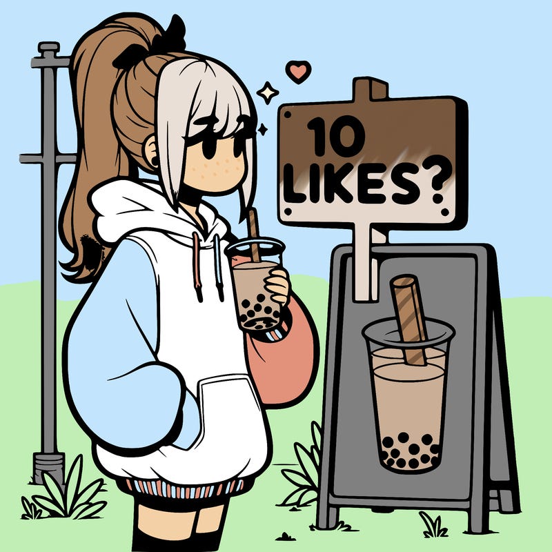 girl with oversized hoodie drinking boba and she has a high ponytail with a sign that says 10likes?