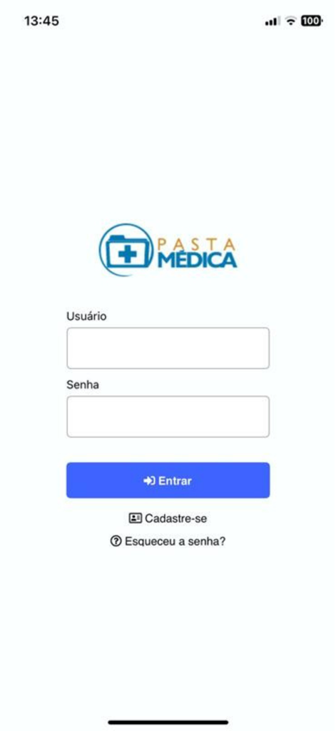 Pasta Médica - Tela de login do aplicativo de prontuários médicos Pasta Medica exibindo campos de entrada de nome de usuário e senha em português