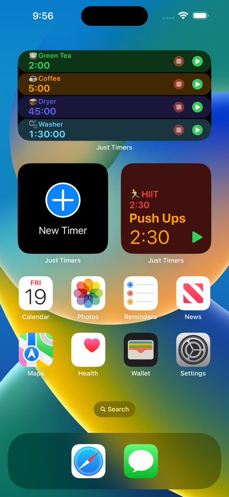 Just Timers - Schermata Home dell'iPhone che mostra diversi widget timer con nome per attività quotidiane e allenamenti