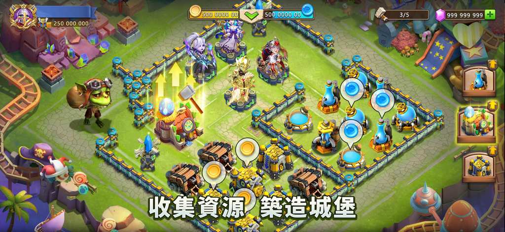 城堡爭霸：世界王者 - Top down view of base building and resource collection in Castle Clash World Ruler