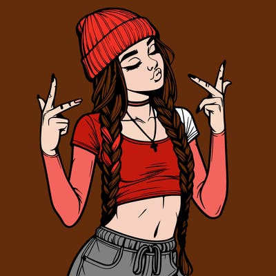 realistic teenage girl with braids and a beanie and crop top doing 🫶🏼