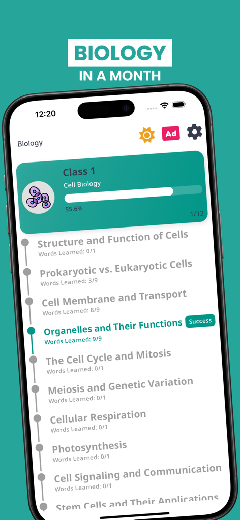 Biology Pro - Biology Pro app interface showing a list of cell biology topics and a progress tracking bar on a smartphone screen.