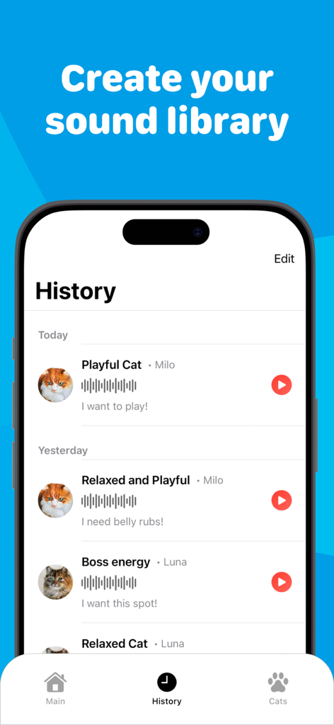 재미있는 번역과 함께 녹음된 고양이 야옹 소리 목록을 보여주는 고양이 번역기 앱 기록 화면의 스크린샷