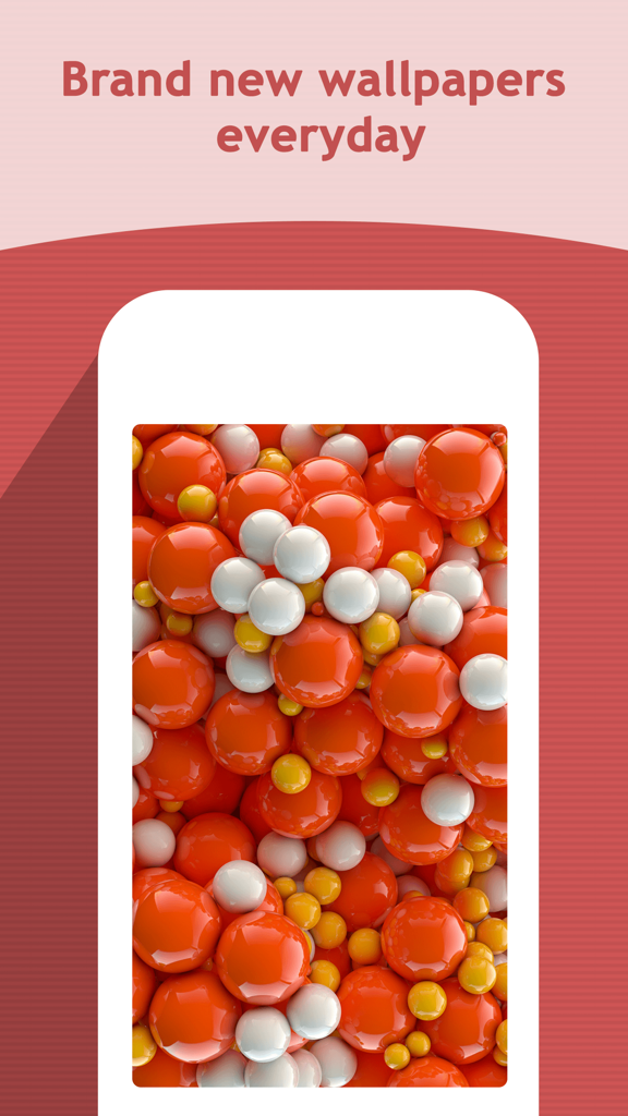 3D Wallpapers Backgrounds - オレンジと白の球体の3D壁紙を表示するスマートフォン。テキスト「Brand new wallpapers everyday」が表示されています。