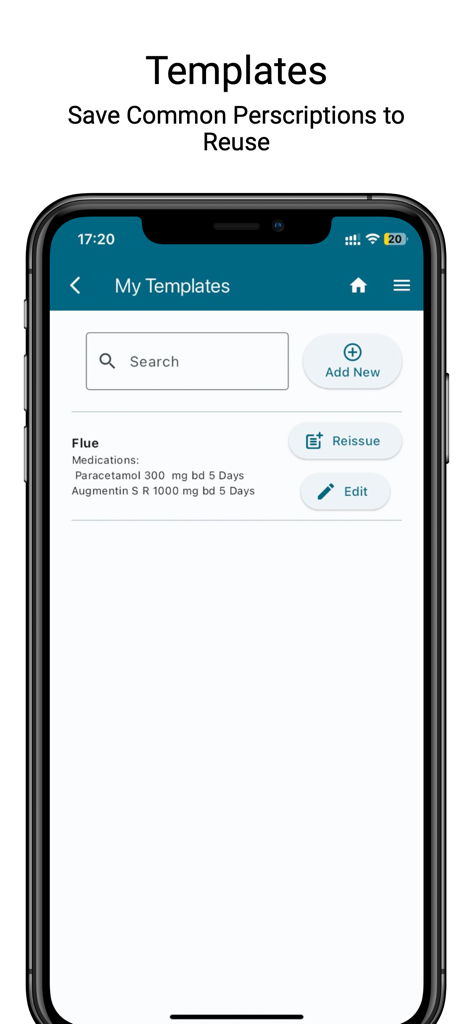 Scripts Assistant - Scripts Assistant app screen showing reusable medical prescription templates for doctors
