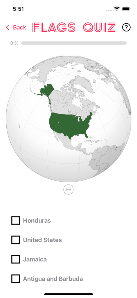 Flags & Countries Quiz! - A geography quiz screen showing a globe with the United States highlighted and multiple choice country options.