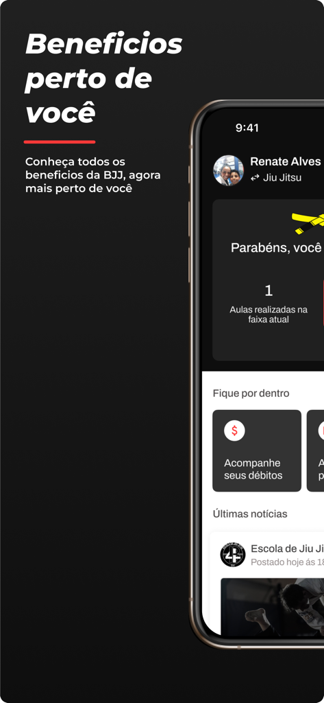 Bjj Control - Alunos - Painel do aplicativo BJJ Control para alunos mostrando frequência de aulas e progresso de graduação