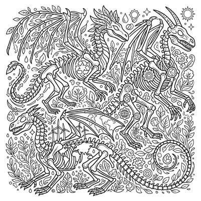 Unleash your creativity with this striking Earth Day coloring page featuring majestic dragon skeletons intertwined with a vibrant natural world. Discover intricate details like recycling symbols, lush foliage, and environmental motifs waiting for your artistic touch.