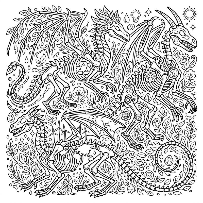 Unleash your creativity with this striking Earth Day coloring page featuring majestic dragon skeletons intertwined with a vibrant natural world. Discover intricate details like recycling symbols, lush foliage, and environmental motifs waiting for your artistic touch.