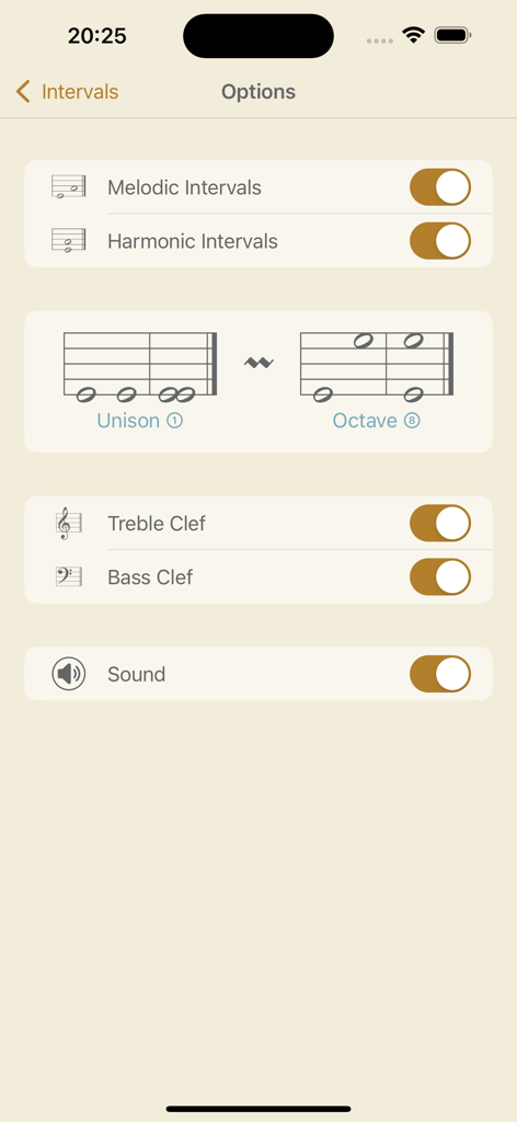Music Buddy Lite – Learn notes - Pantalla de opciones de intervalos de la aplicación Music Buddy Lite con configuraciones para intervalos melódicos y armónicos