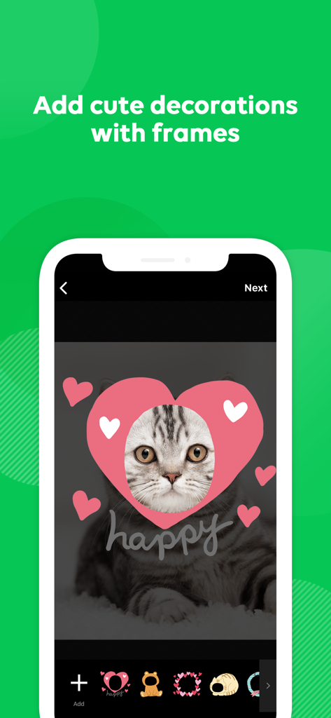 A mobile interface showing a cat photo being edited with a pink heart frame and happy text sticker
