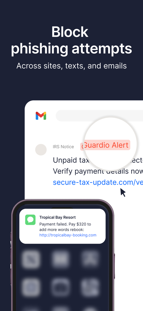 Guardio security app interface showing alerts for phishing attempts in emails and text messages